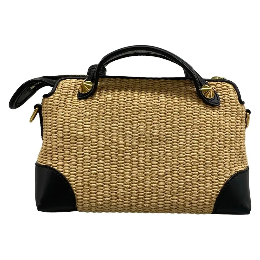 Fendi Mini By The Way Handbag 8BL145 Beige Black Straw Leather